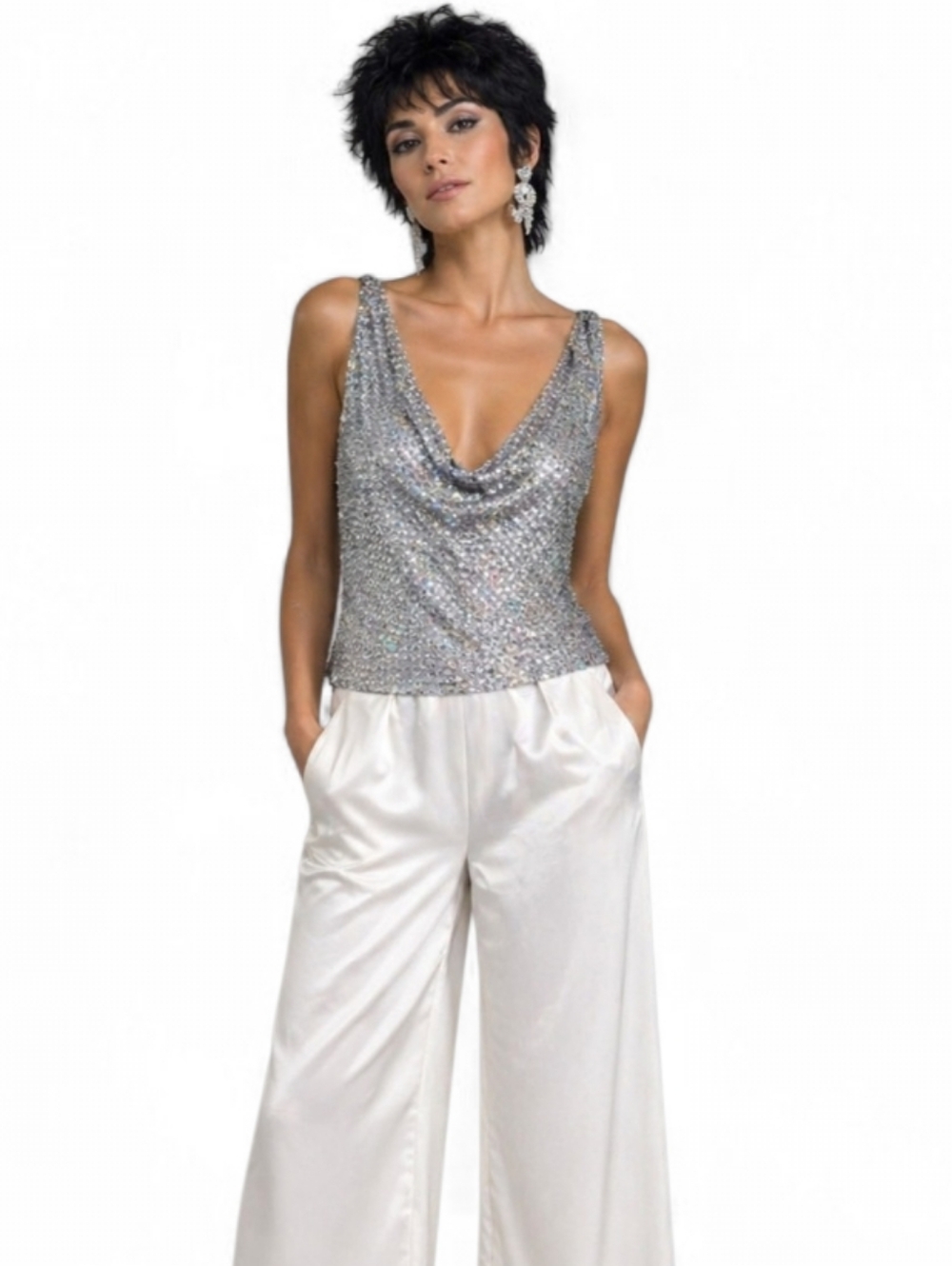 Laurence Kazar Vintage 80s Beaded Silk Top XL Gray Sequin Cowl Neck Glam
